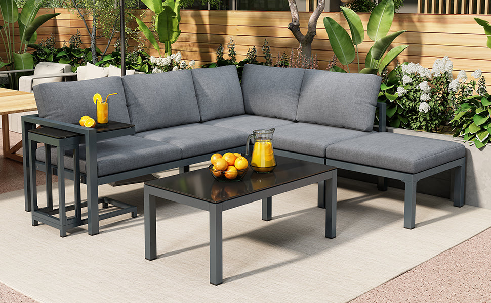 Garten-Terrassen-Lounge-Sofa-Set, Gartenmöbel für 4-5 Personen mit Beistelltisch und Couchtisch, Ecksofa, wetterfeste Loungemöbel, Grau, alle Kissen inklusive