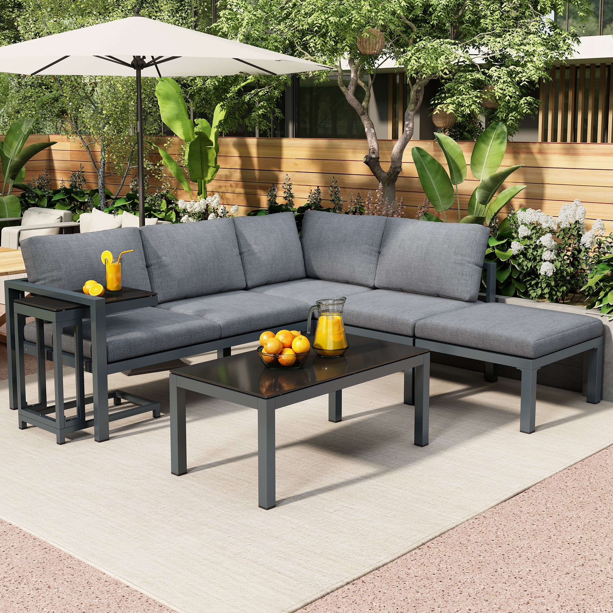 Garten-Terrassen-Lounge-Sofa-Set, Gartenmöbel für 4-5 Personen mit Beistelltisch und Couchtisch, Ecksofa, wetterfeste Loungemöbel, Grau, alle Kissen inklusive