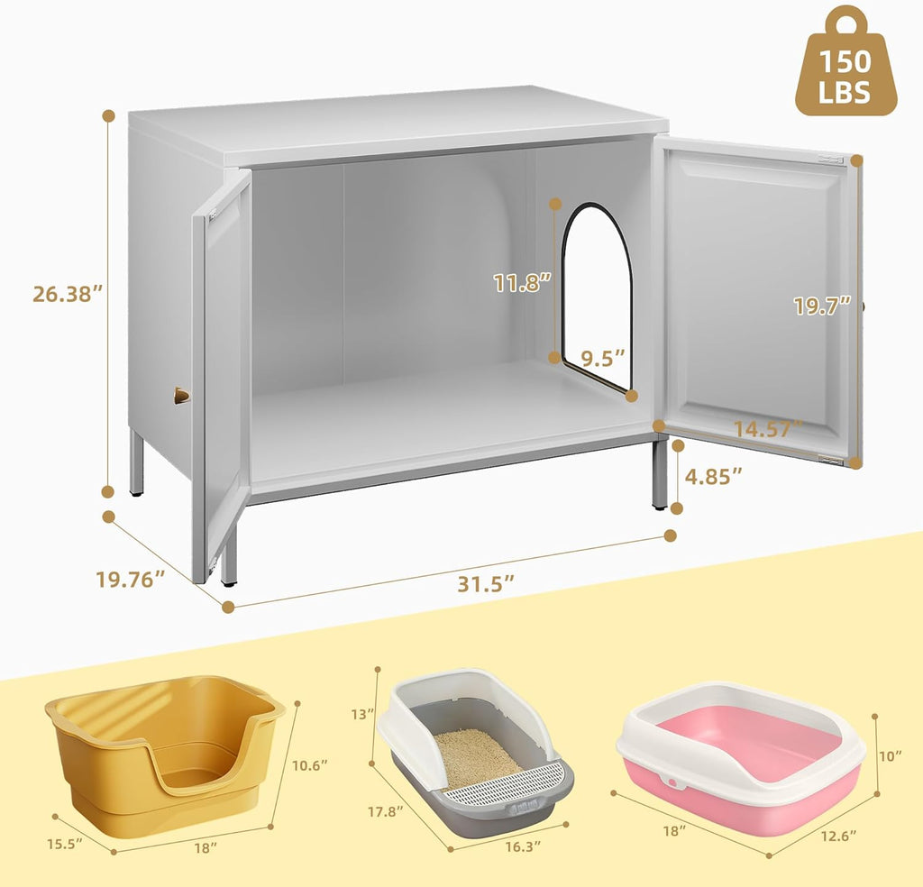 Cat Litter Box Enclosure,Metal Cat Washroom Furniture With Barn Door, Indoor Pet House, Fit Most Of Litter Box, End Side Table,White