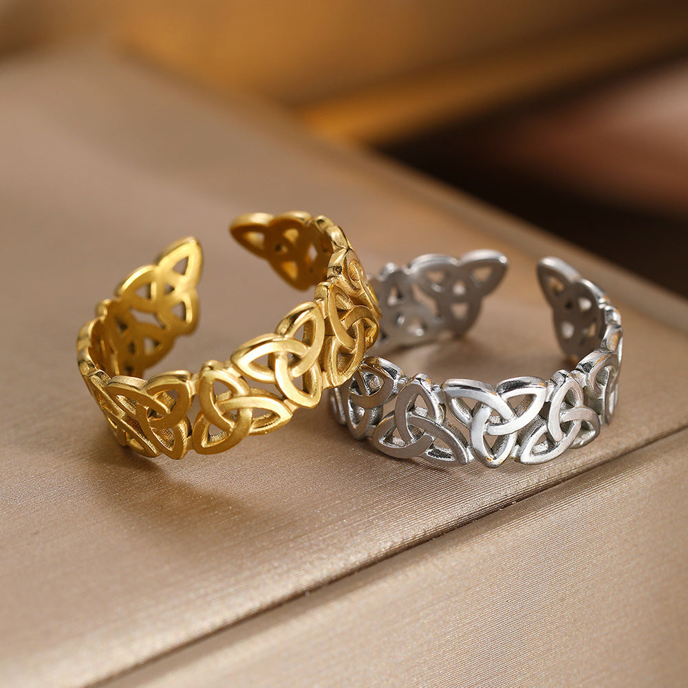 1 Piece Celtic Knot Stainless Steel Open Ring, Retro Hollow Woven Band, Trendy Personalized Jewelry, Perfect Gift Choice