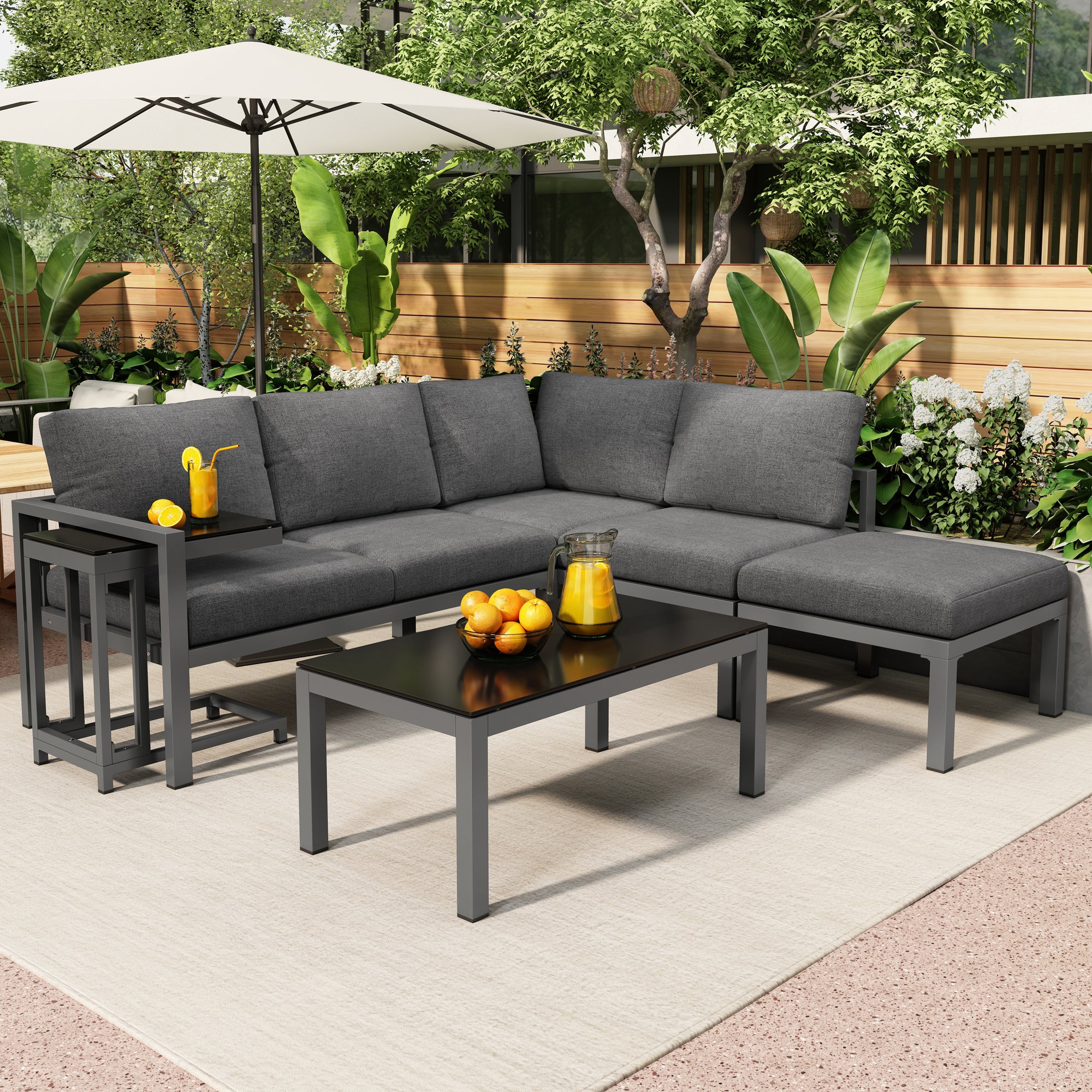Garten-Terrassen-Lounge-Sofa-Set, Gartenmöbel für 4-5 Personen mit Beistelltisch und Couchtisch, Ecksofa, wetterfeste Loungemöbel, Grau, alle Kissen inklusive