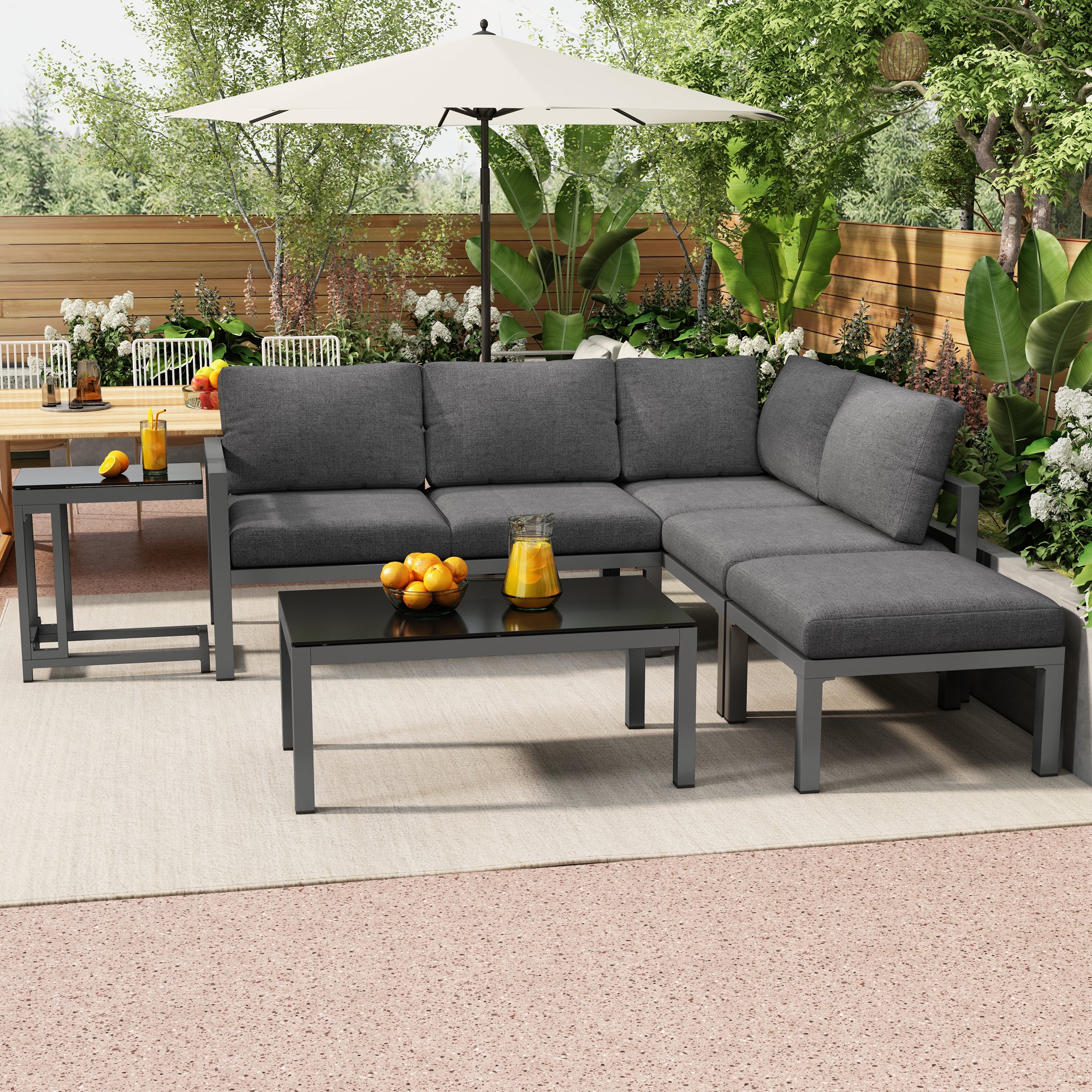 Garten-Terrassen-Lounge-Sofa-Set, Gartenmöbel für 4-5 Personen mit Beistelltisch und Couchtisch, Ecksofa, wetterfeste Loungemöbel, Grau, alle Kissen inklusive