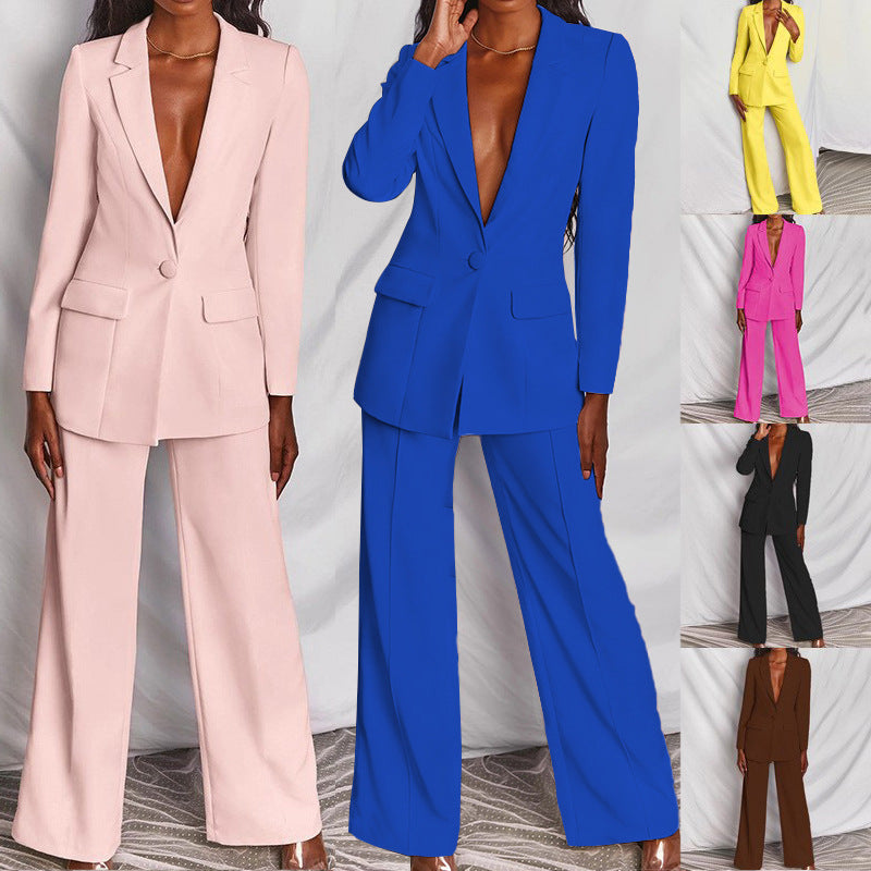 2pcs Casual Suit Lapel Button-down Blazer Jacket And Straight-leg Pants Office Commuting Business Trousers Set Clothing