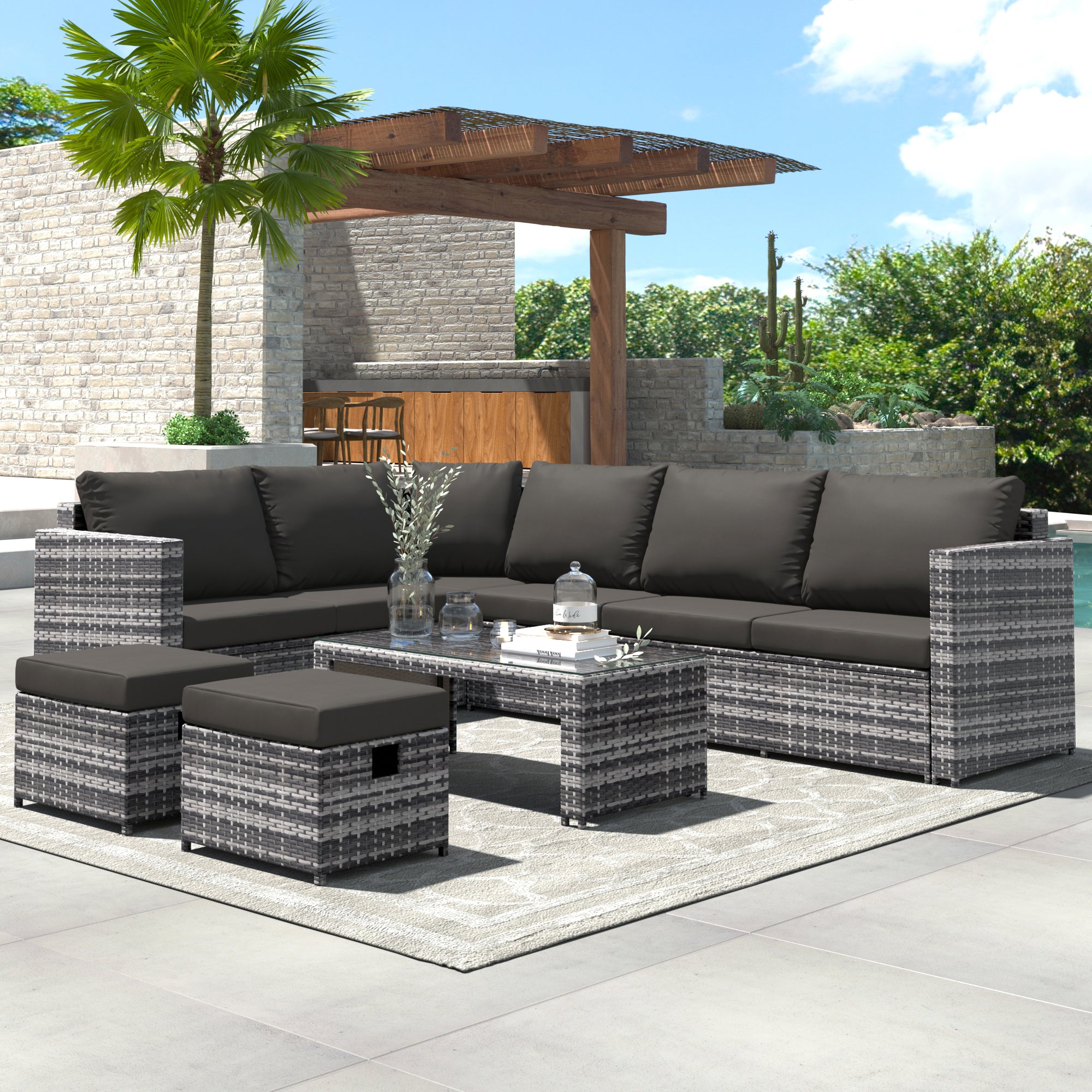 Garten-Ecksofa-Set Rattan-Sofa Gartenmöbel mit Couchtisch 2 Hockern