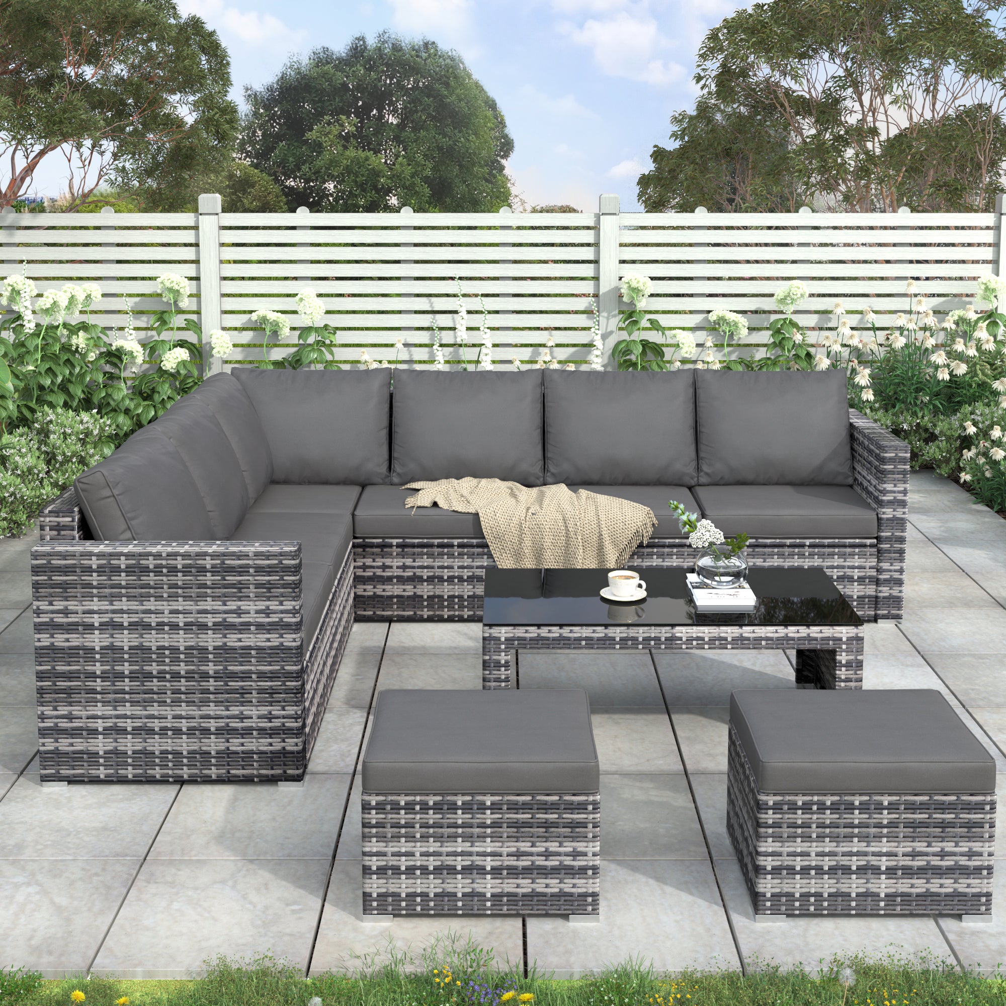 Garten-Ecksofa-Set Rattan-Sofa Gartenmöbel mit Couchtisch 2 Hockern