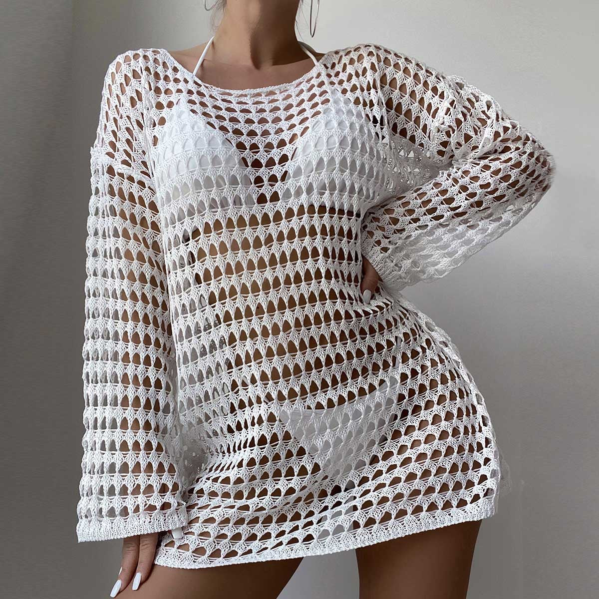 Sexy Knit Hollow Round Neck Beach Dress Women
