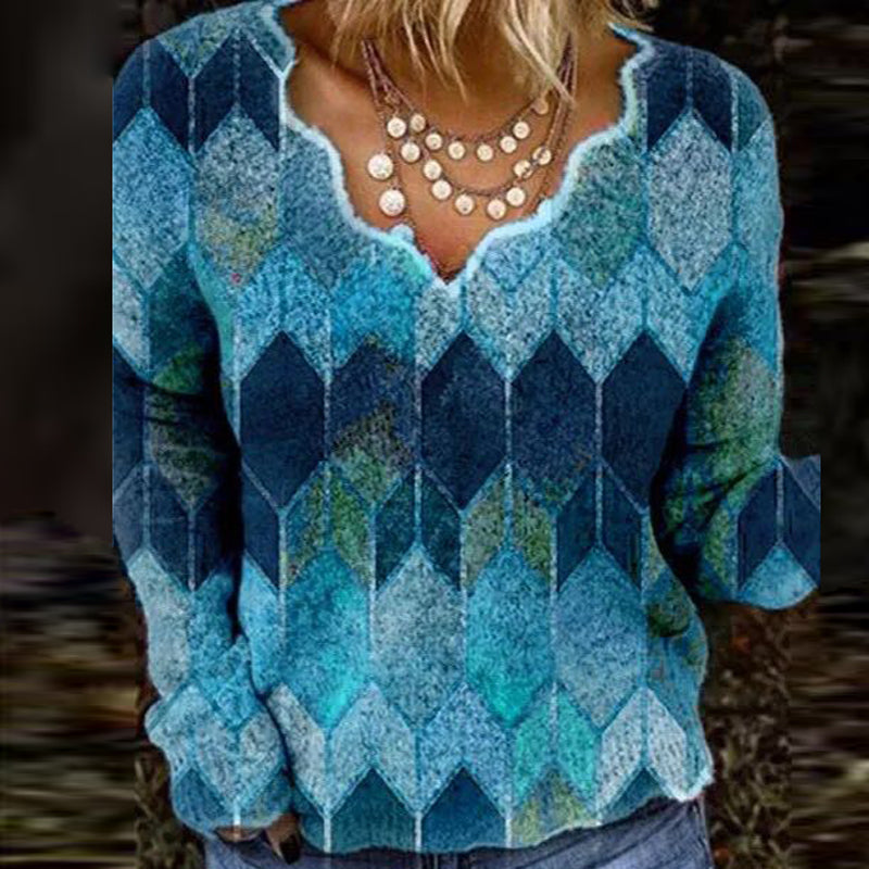 Women's Printed Long Sleeve V-Neck Sweater