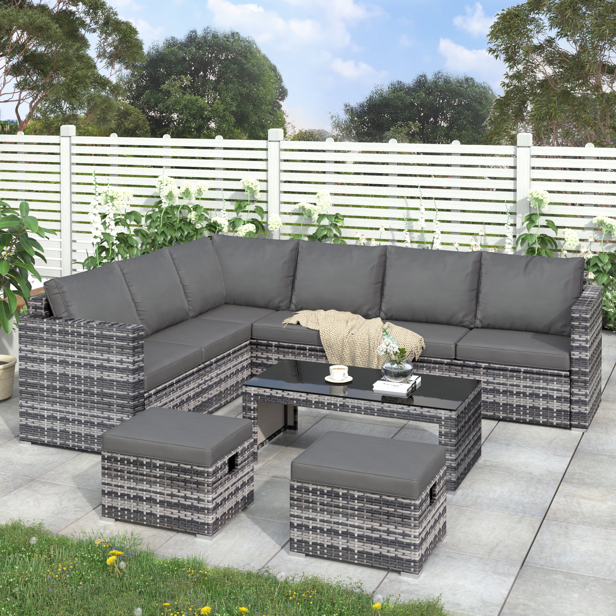 Garten-Ecksofa-Set Rattan-Sofa Gartenmöbel mit Couchtisch 2 Hockern