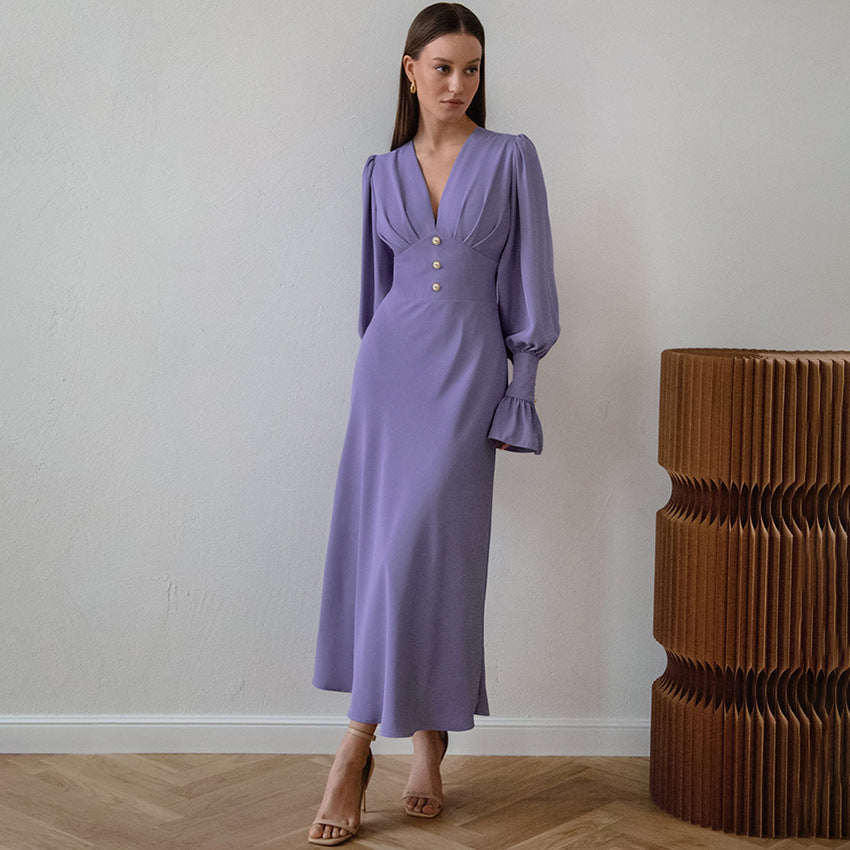 V-neck Slim-fit Dress with French Lantern Sleeves