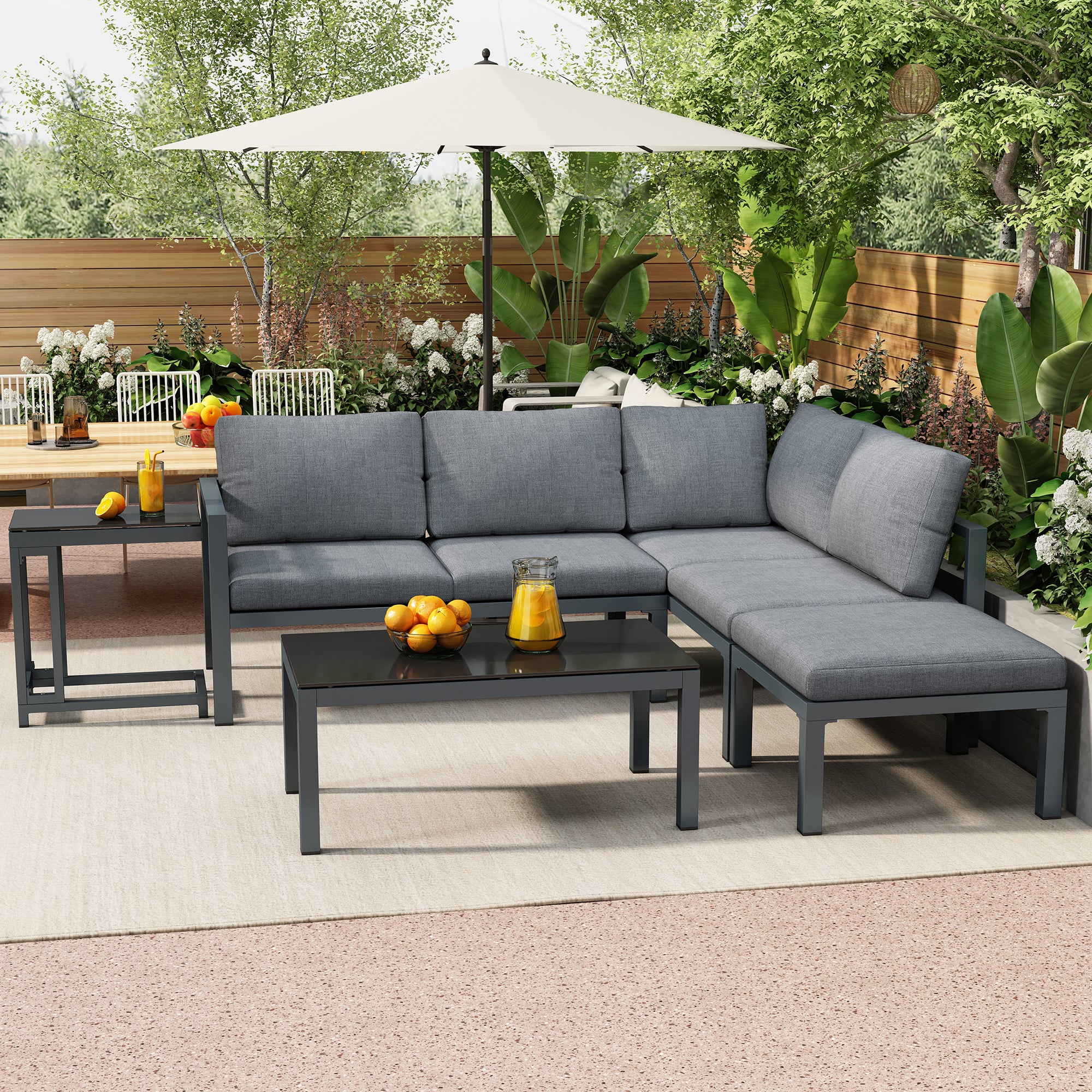 Garten-Terrassen-Lounge-Sofa-Set, Gartenmöbel für 4-5 Personen mit Beistelltisch und Couchtisch, Ecksofa, wetterfeste Loungemöbel, Grau, alle Kissen inklusive