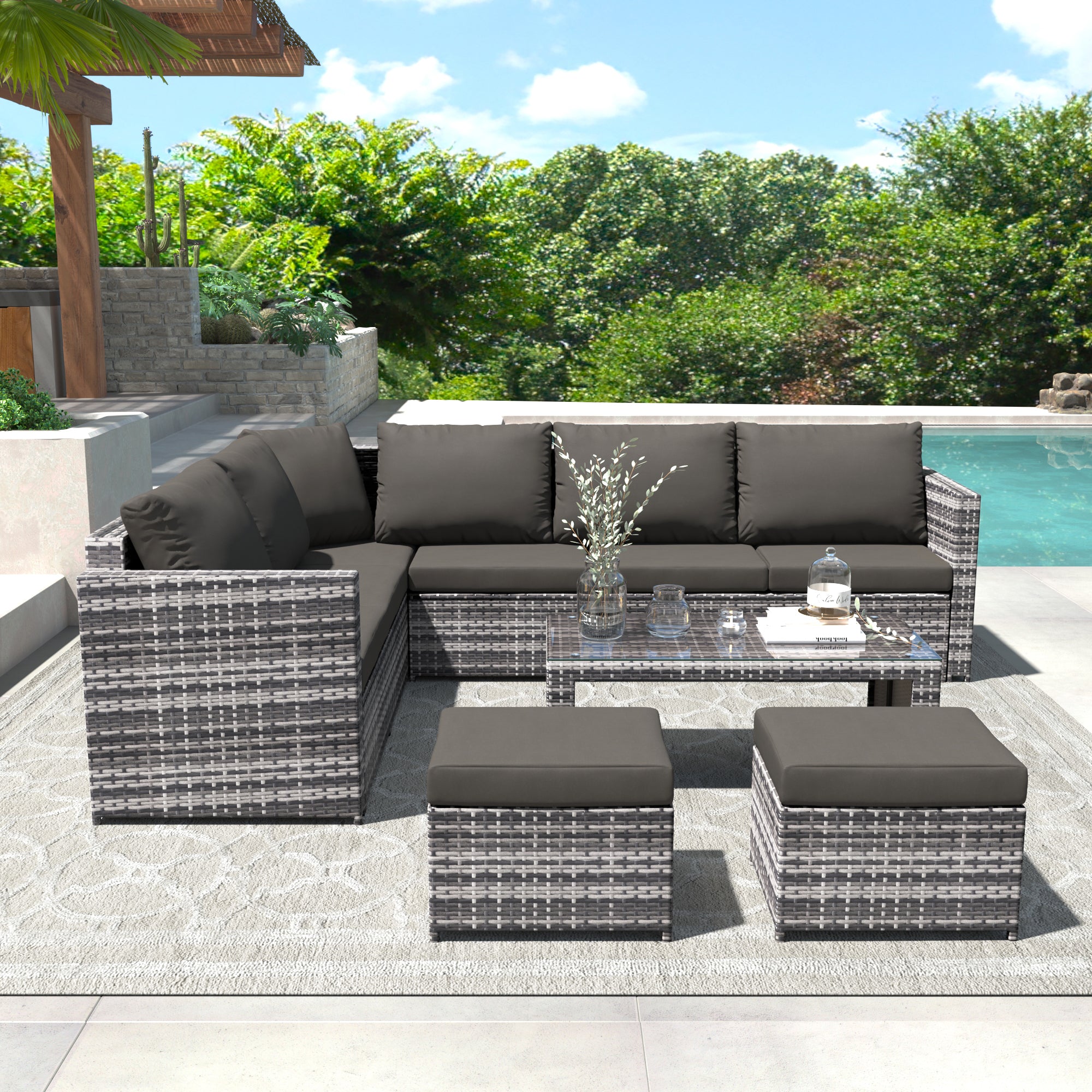 Garten-Ecksofa-Set Rattan-Sofa Gartenmöbel mit Couchtisch 2 Hockern
